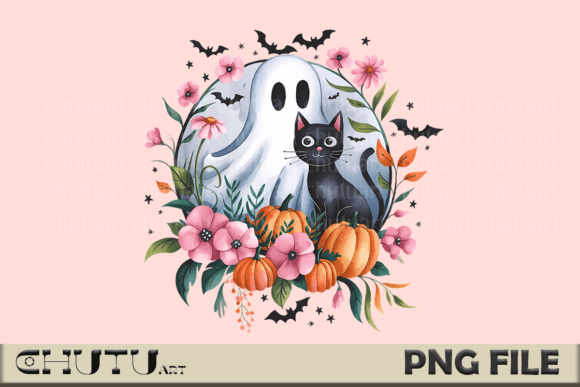 Download Pastel Ghost Cat PNG - Halloween Floral - Halloween Collection