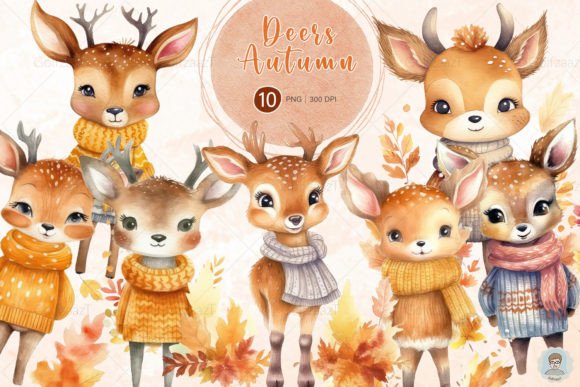 Download Watercolor Cute Autumn Deer Clipart Set - Deer clipart set Collection
