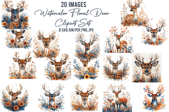 Download Watercolor Floral Deer Clipart Set - Premium Resources