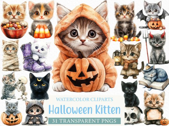 Download Watercolor Halloween Kitten Clipart - Halloween Collection