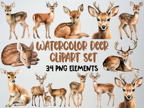 Download Watercolor Deer Clipart Set, 34 PNG - Deer clipart set Collection